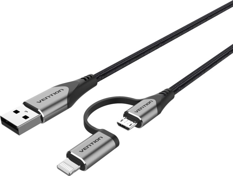 Datový kabel Vention MFi USB 2.0 to 2-in-1 Micro USB & Lightning Cable 0.5m Gray Aluminum Alloy Type