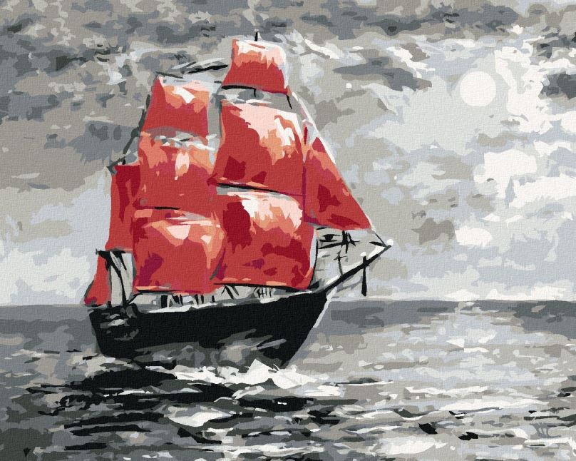 Malování podle čísel Měsíční svit a plachetnice na moři, 80x100 cm, bez rámu a bez vypnutí plátna