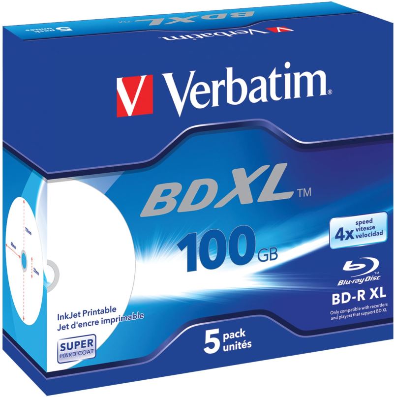 Média VERBATIM BD-R XL 100GB, 4x, printable, jewel case 5 ks