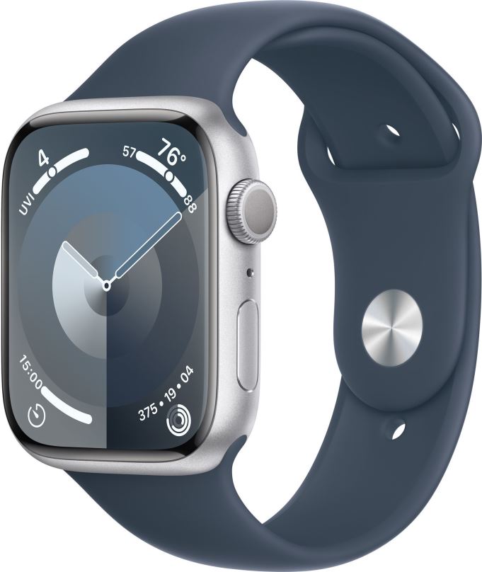 Chytré hodinky Apple Watch Series 9 45mm Stříbrný hliník s bouřkově modrým sportovním řemínkem - M/L