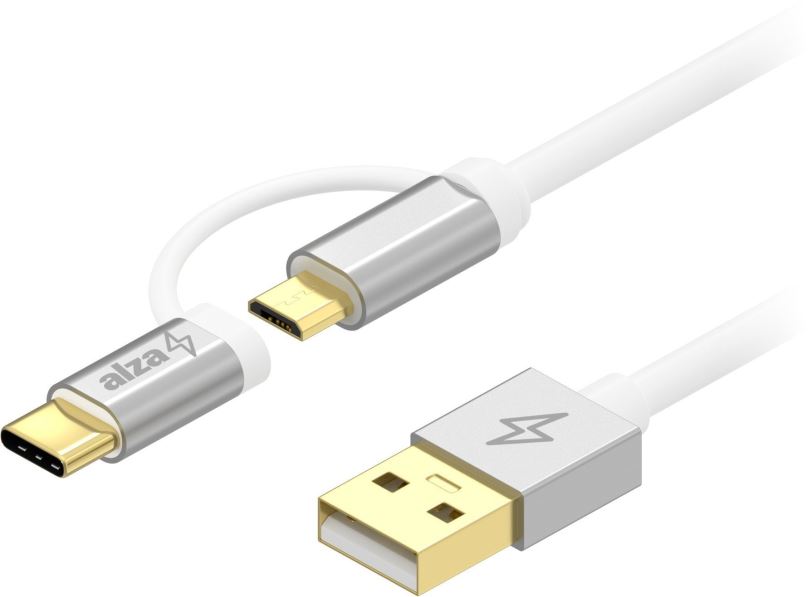 Datový kabel AlzaPower AluCore 2in1 Micro USB + USB-C 2m stříbrný