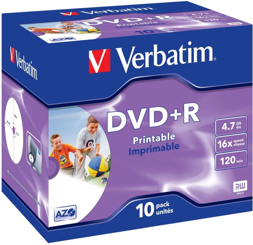 Média VERBATIM DVD+R AZO 4,7GB, 16x, printable, jewel case 10 ks