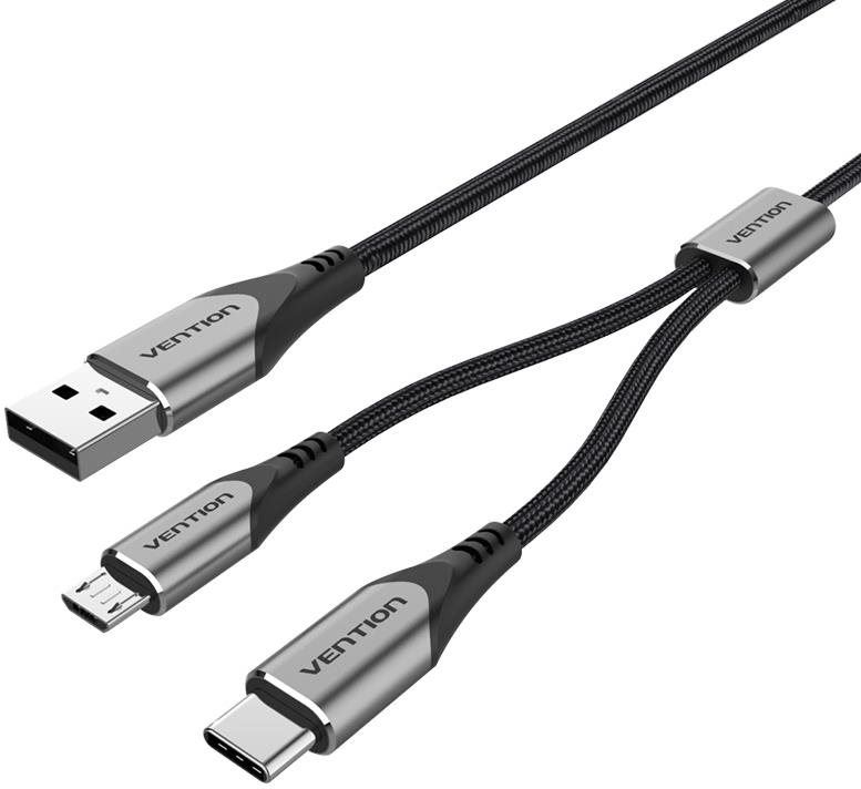 Datový kabel Vention USB 2.0 to USB-C & Micro USB Y-Splitter Cable 1m Gray Aluminum Alloy Type