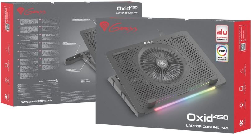 Chladící podložka pod notebook Genesis OXID 450, RGB, do 15.6", hliníkové tělo