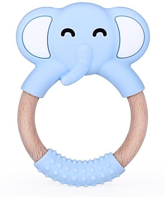 Kousátko Elpinio dřevěné kousátko se silikonovým slonem - modré