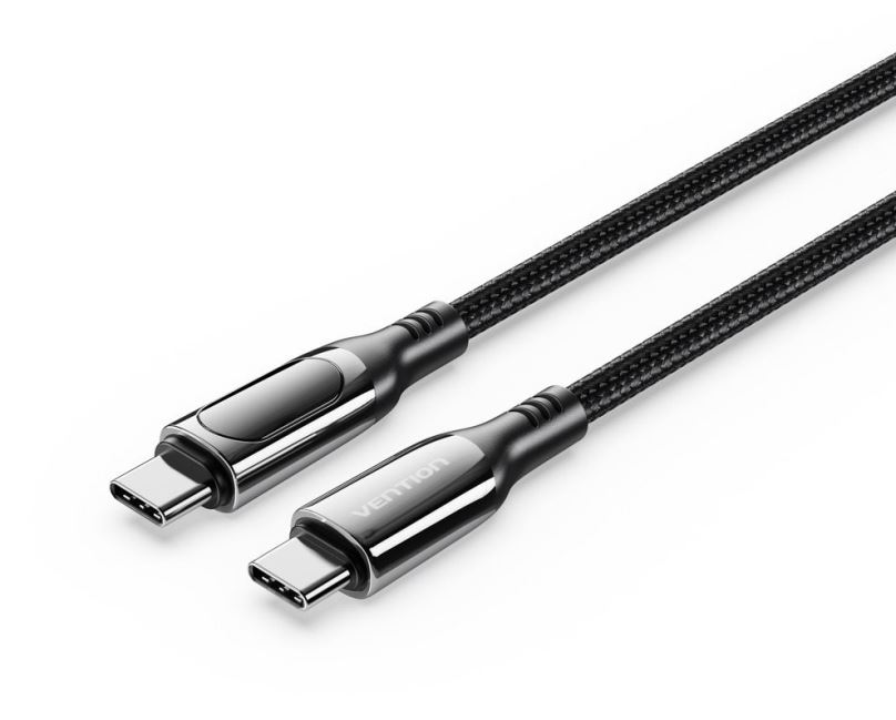 Datový kabel Vention Cotton Braided USB-C 2.0 5A Cable With LED Display 1.2m Black Zinc Alloy Type