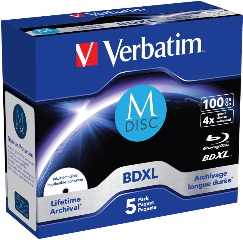 Média VERBATIM M-DISC BD-R XL 100GB, 4x, printable, jewel case 5 ks