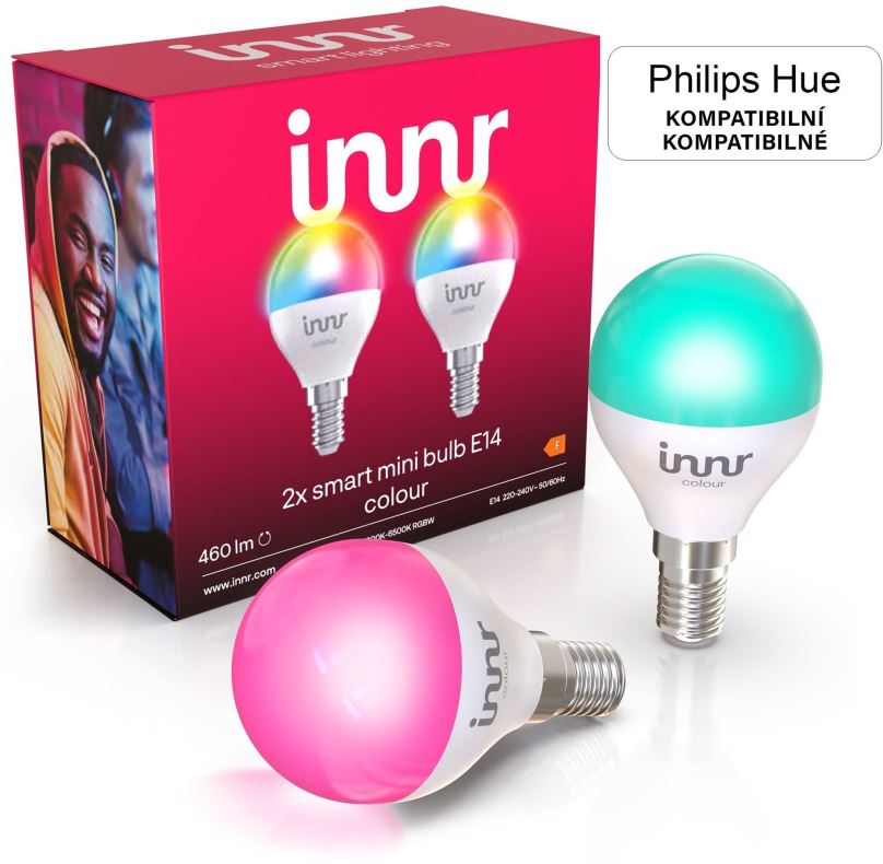 LED žárovka Innr Chytrá LED mini žárovka E14 Colour, tvar kapka, kompatibilní s Philips Hue, 2 ks