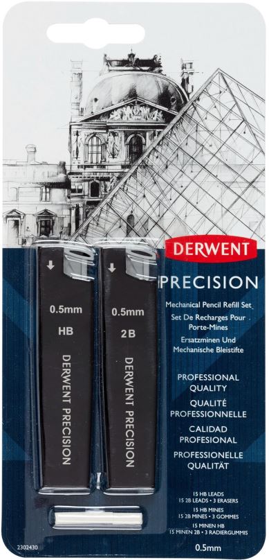 Grafitová tuha DERWENT Precision Mechanical Pencil Refill Set 0.5 mm HB a 2B, 30 tuh v balení + 3 gumy