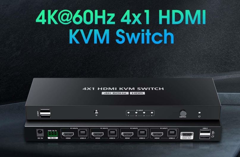 Switch PremiumCord 4K@60Hz HDMI2.0 KVM switch 4:1 s dálkovým ovladačem