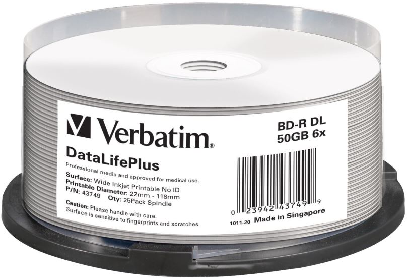 Média VERBATIM BD-R DL DataLifePlus 50GB, 6x, printable, spindle 25 ks