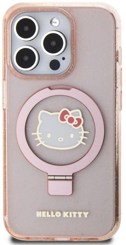Kryt na mobil Hello Kitty IML Ringstand Glitter Kitty Head Logo MagSafe Zadní Kryt pro iPhone 15 Pro Pink