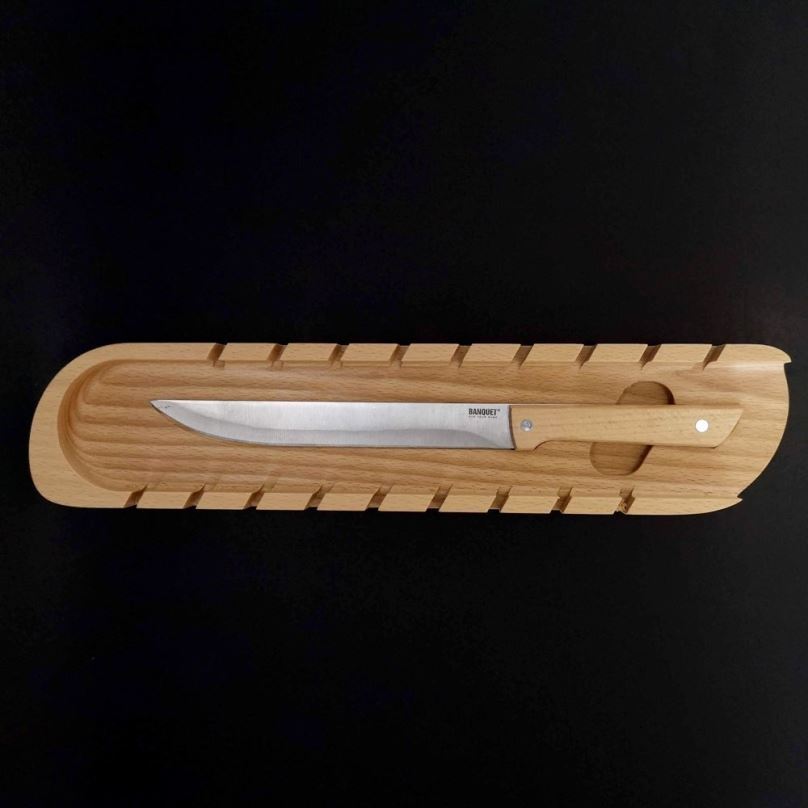 Prkénko AMADEA Dřevěné prkénko na bagety s nožem, masivní dřevo, 41x9x3 cm