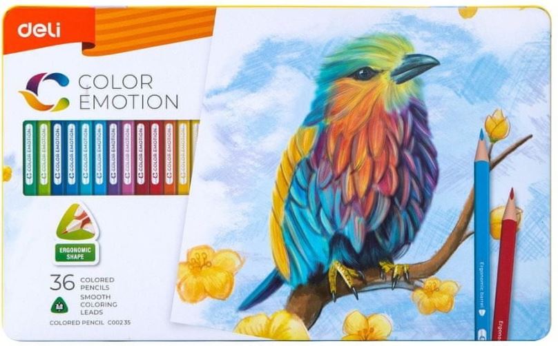 Pastelky DELI Color Emotion trojhranné, kovové pouzdro 36 barev