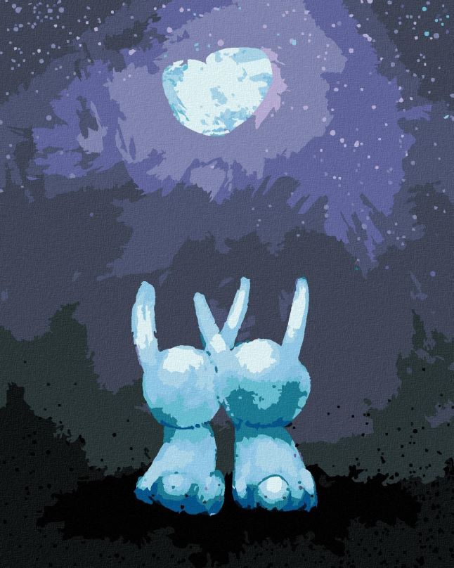 Malování podle čísel Zamilování králičci koukající na zářicí měsíc, 80x100 cm, vypnuté plátno na rám