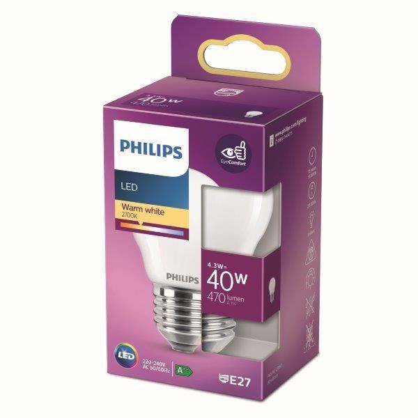 Philips 8718699763473 LED žárovka 1x4,3W | E27 | 470lm | 2700K - teplá bílá, matná bílá, EyeComfort