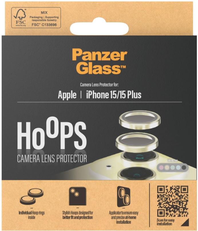 Ochranné sklo na objektiv PanzerGlass HoOps Apple iPhone 15/15 Plus - ochranné kroužky pro čočky fotoaparátu - žlutý hliník