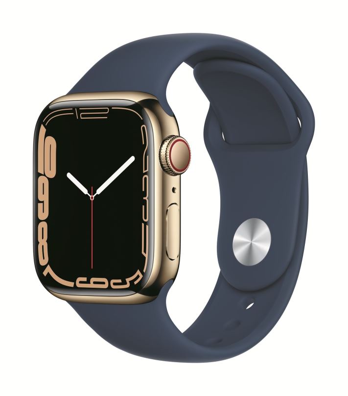Chytré hodinky Apple Watch Series 7 41mm Cellular Zlatý nerez s hlubokomořsky modrým sportovním řemínkem