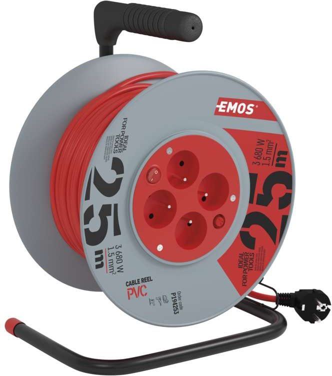Prodlužovací kabel EMOS PVC kabel na bubnu s vypínačem – 4 zásuvky, 25m, 1,5mm2