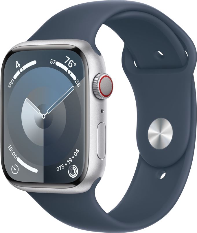 Chytré hodinky Apple Watch Series 9 45mm Cellular Stříbrný hliník s bouřkově modrým sportovním řemínkem - S/M