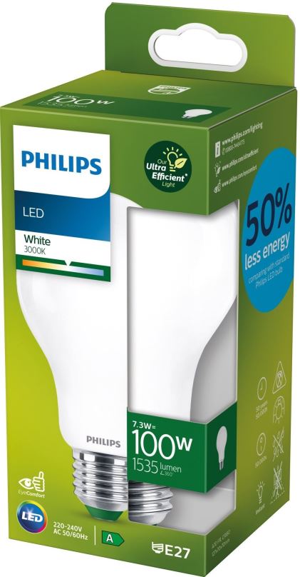 LED žárovka Philips LED 7,3-100W, E27, 3000K, mléčná, A