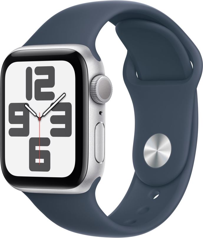 Chytré hodinky Apple Watch SE 40mm Stříbrný hliník s bouřkově modrým sportovním řemínkem - S/M