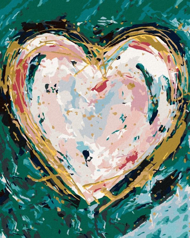 Malování podle čísel Barevné srdce na zeleném pozadí (Haley Bush), 80x100 cm, bez rámu a bez vypnutí plátna