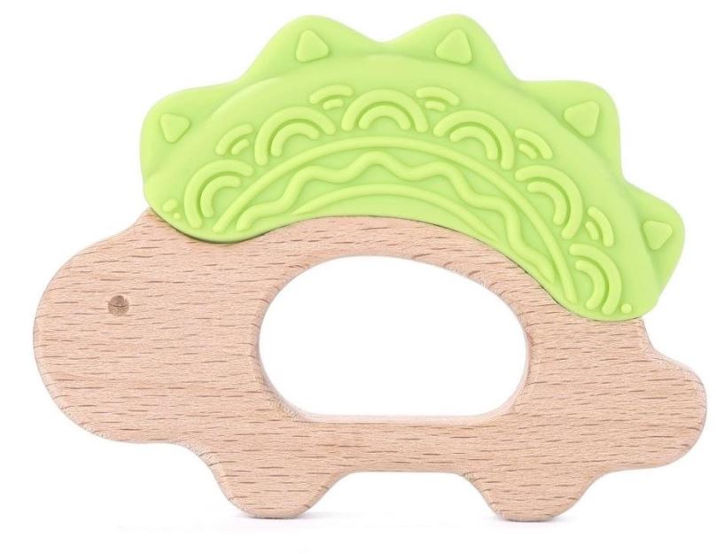Kousátko Elpinio dřevěné kousátko se silikonovým dinosaurem - zelené