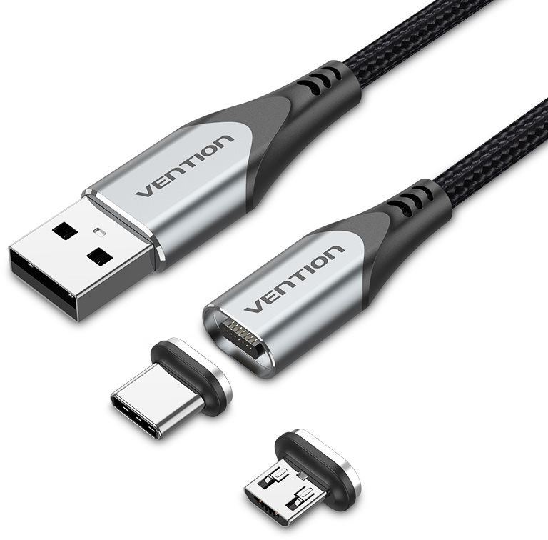 Datový kabel Vention 2-in-1 USB 2.0 to Micro + USB-C Male Magnetic Cable 1m Gray Aluminum Alloy Type