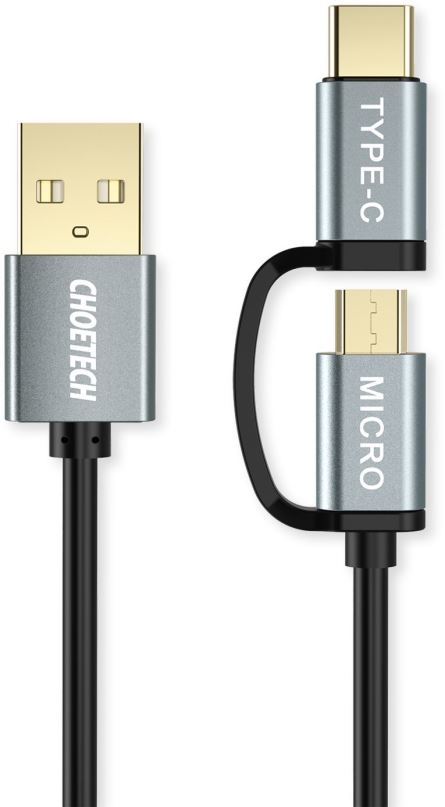 Datový kabel ChoeTech 2 in 1 USB to Micro USB + Type-C (USB-C) Straight Cable 1.2m