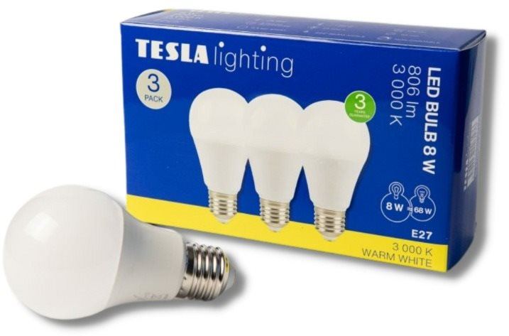 LED žárovka Tesla - LED žárovka BULB E27, 8W, 230V, 806lm, 25 000h, 3000K teplá bílá, 220st 3ks v balení
