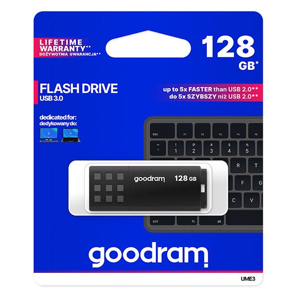 Goodram USB flash disk, USB 3.0, 128GB, UME3, černý, UME3-1280K0R11, USB A, s krytkou