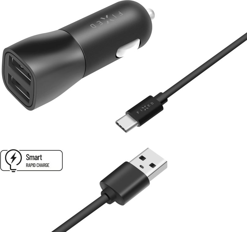 Nabíječka do auta FIXED Smart Rapid Charge 15W s 2xUSB výstupem a USB/USB-C kabelem 1 černá