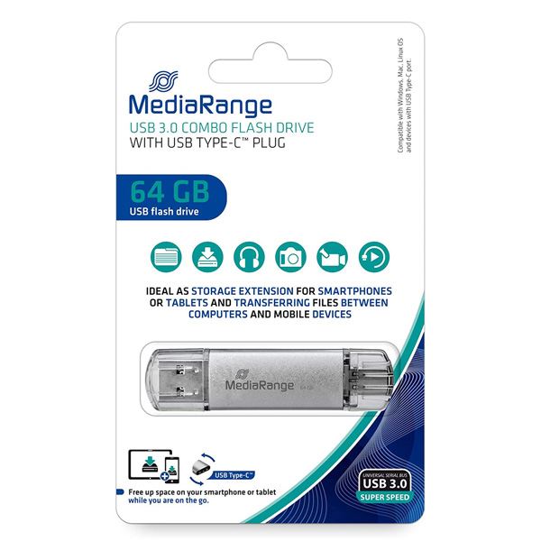 MediaRange USB flash disk, USB 3.0, 64GB, stříbrný, MR937, USB A / USB C, s krytkou