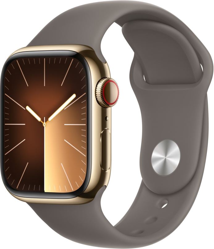 Chytré hodinky Apple Watch Series 9 41mm Cellular Zlatý nerez s jílově šedým sportovním řemínkem - M/L