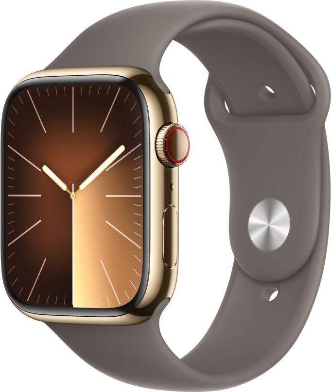 Chytré hodinky Apple Watch Series 9 45mm Cellular Zlatý nerez s jílově šedým sportovním řemínkem - S/M
