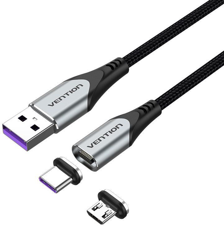 Datový kabel Vention 2-in-1 USB 2.0 to Micro + USB-C Male Magnetic Cable 5A 2m Gray Aluminum Alloy Type