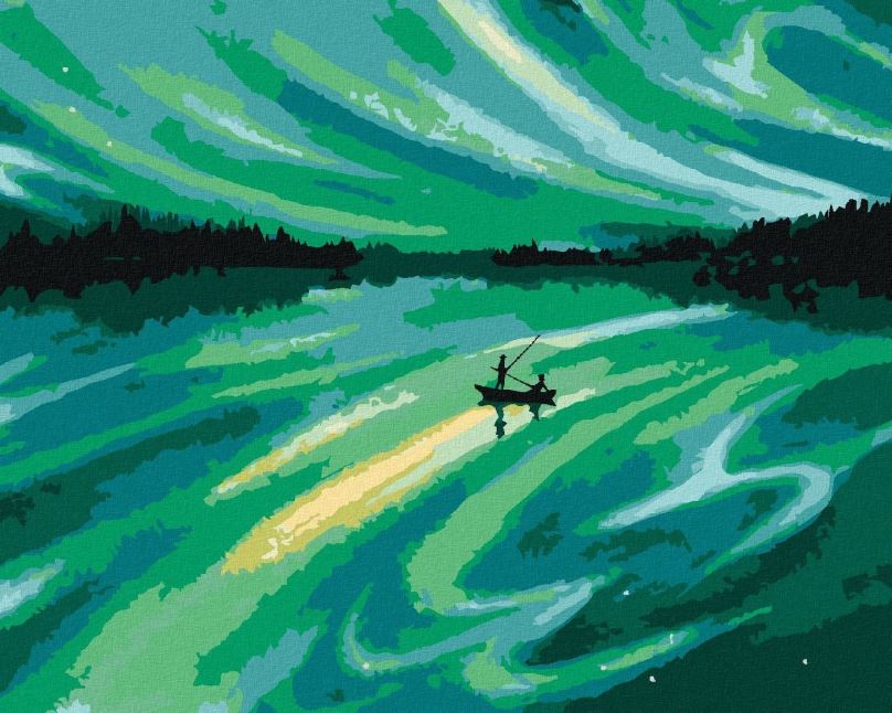 Malování podle čísel Plující loďka a zelená vesmírná obloha, 80x100 cm, bez rámu a bez vypnutí plátna