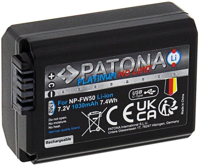 Baterie pro fotoaparát PATONA baterie pro Sony NP-FW50 1030mAh Li-Ion Platinum USB-C nabíjení