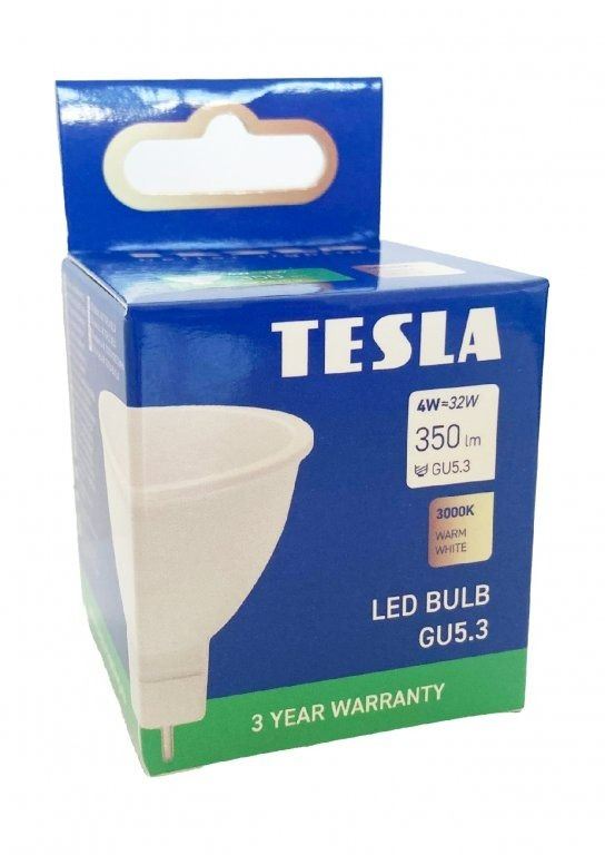 LED žárovka Tesla - LED žárovka GU5,3 MR16, 4W, 12V, 300lm, 25 000h, 3000K teplá bílá, 100°