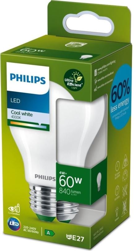 LED žárovka Philips LED 4-60W, E27, 4000K, mléčná, A
