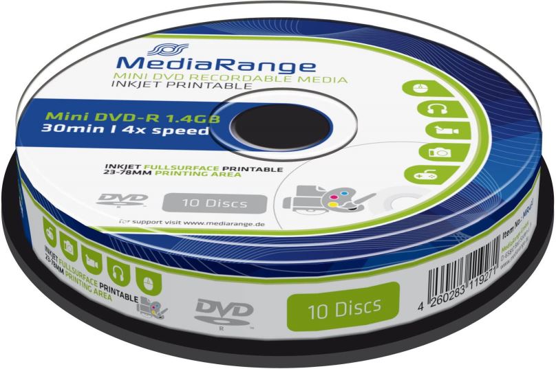 Média MediaRange DVD-R 8cm Inkjet Fullsurface Printable 10ks cakebox