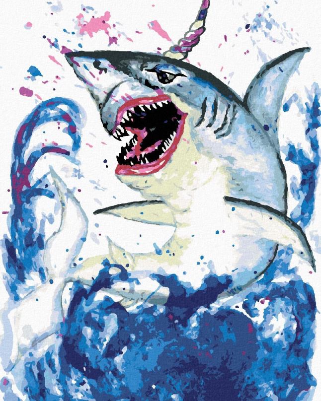 Malování podle čísel Žralok jednorožcem, 80x100 cm, bez rámu a bez vypnutí plátna