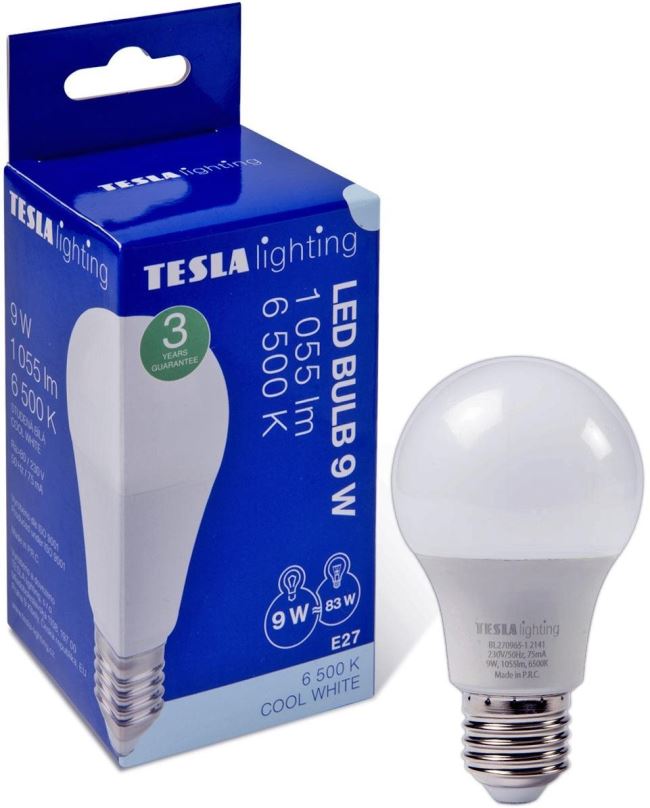 LED žárovka TESLA LED BULB E27, 9W, 1055lm, 6500K studená bílá