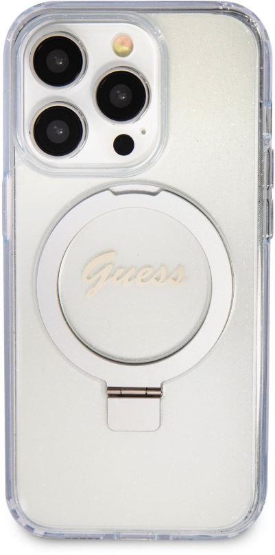 Kryt na mobil Guess IML Ring Stand Glitter MagSafe Zadní Kryt pro iPhone 15 Pro Max Transparent