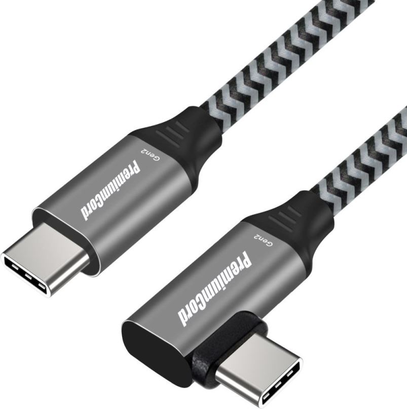 Datový kabel PremiumCord USB-C zahnutý kabel ( USB 3.2 GEN 2, 3A, 60W, 20Gbit/s ) bavlněný oplet 1m