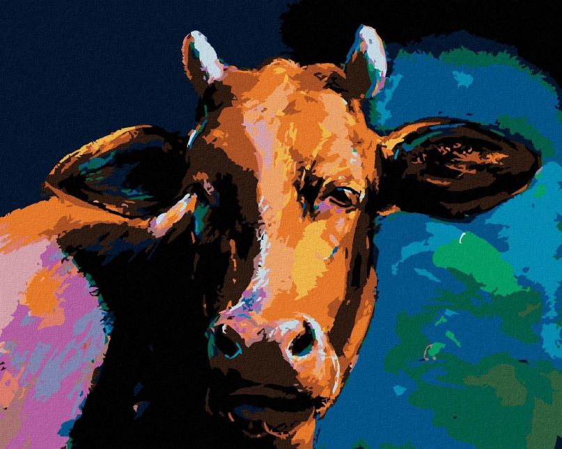 Malování podle čísel Barevná kráva s tmavým pozadím, 40x50 cm, bez rámu a bez vypnutí plátna