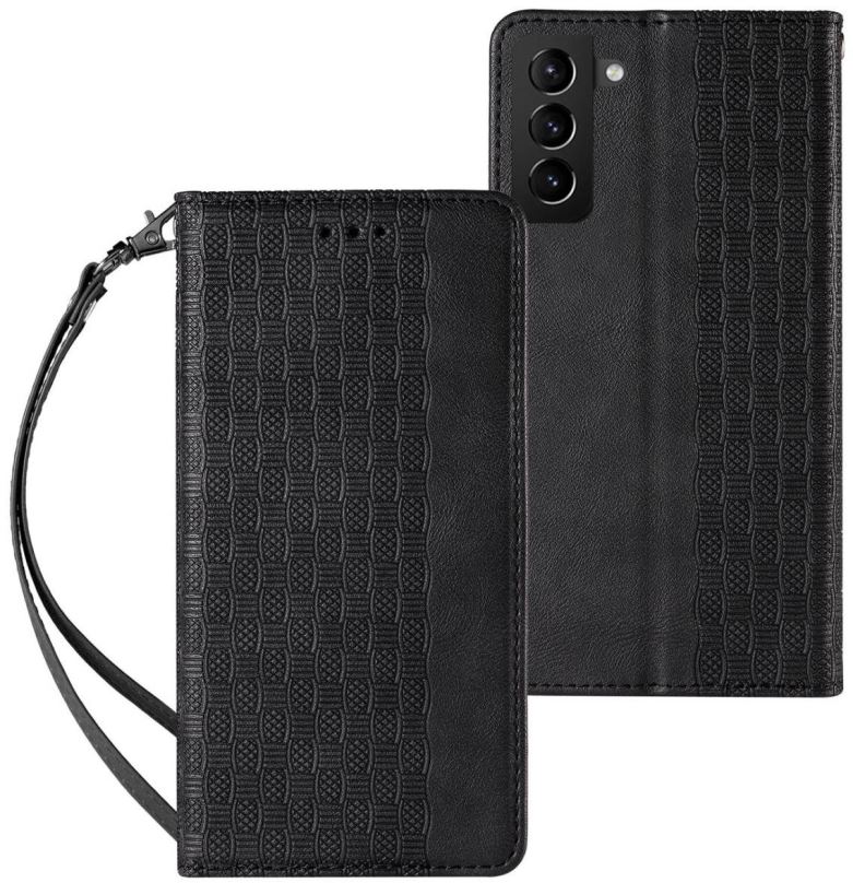 Pouzdro na mobil Magnet Strap knížkové kožené pouzdro na Samsung Galaxy S22 Ultra, černé