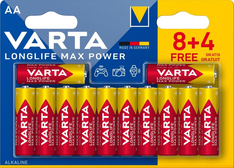 Jednorázová baterie VARTA alkalická baterie Longlife Max Power AA 8+4 ks