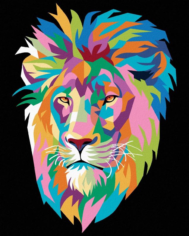 Malování podle čísel Barevný lev na černém pozadí, 40x50 cm, bez rámu a bez vypnutí plátna